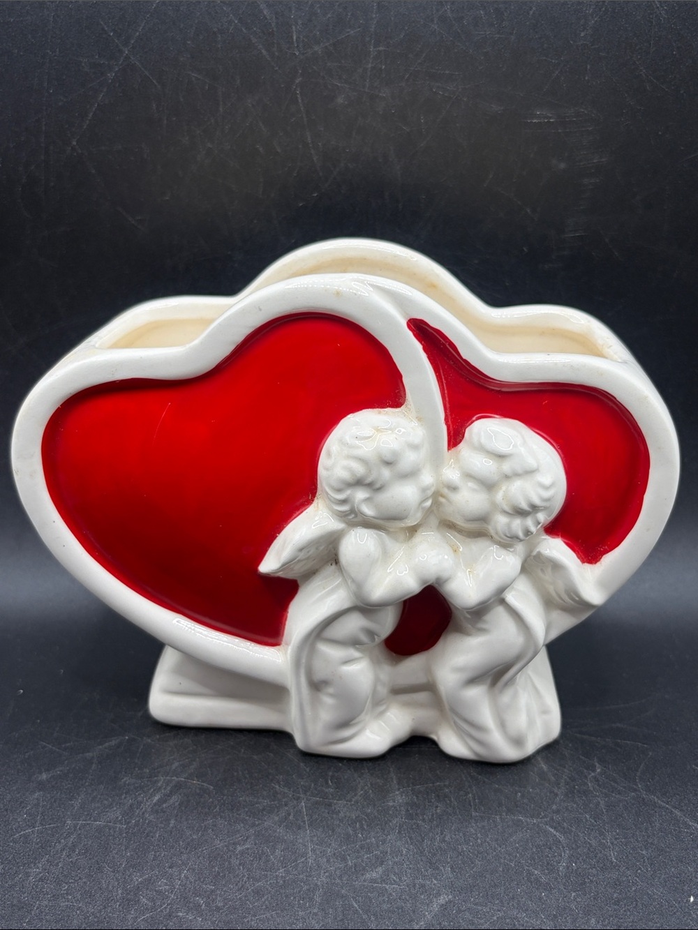 Vintage Hand Painted Angel Cherub Cupid Red & White Heart Planter Vase Vessel